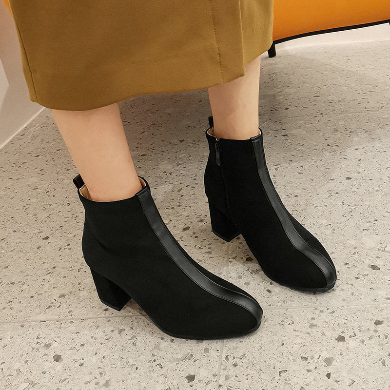 Square Toe Thick Heel Short Boots Women All Match Suede Martin Boots