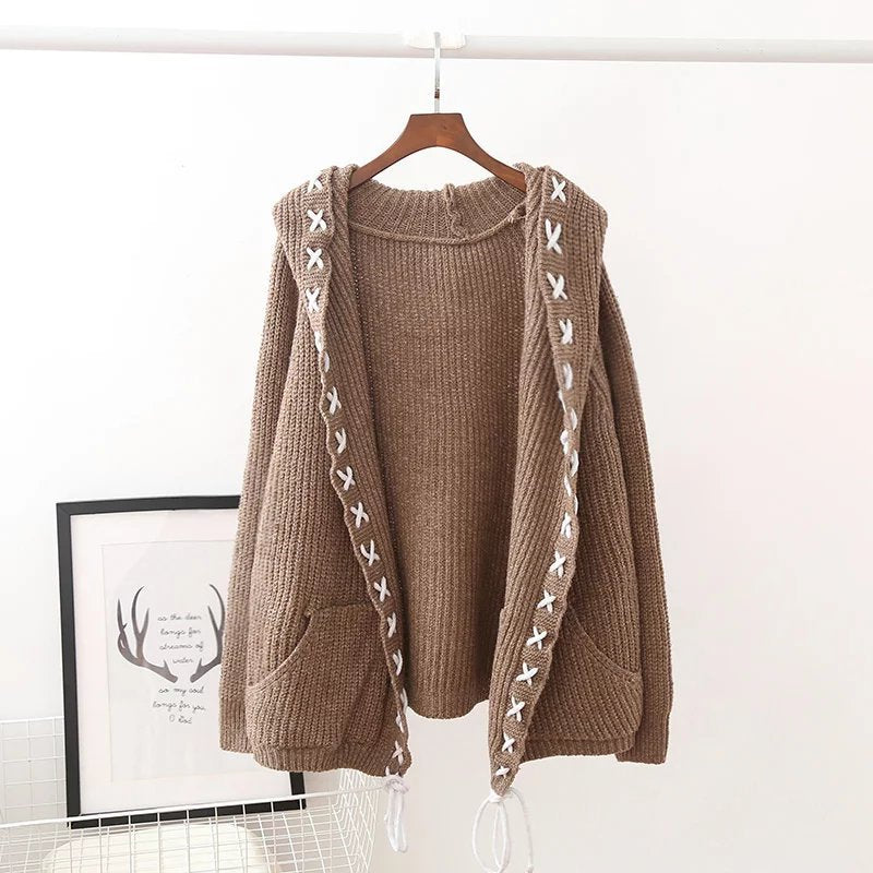 Women Hooded Tops Knitting Cardigan Sweater Coat Women Loose Sweater